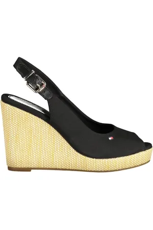 Tommy Hilfiger Buty, Kobieta, Czarny, 41 EU, Bawełna, Czarne sandały na koturnie z zapięciem na sprzączkę