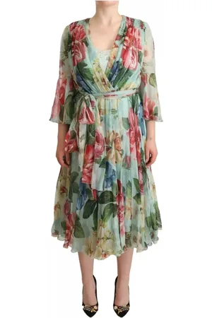 Dolce & Gabbana Sukienki, Kobieta, Wielobarwność, S, Kwiatowa sukienka z jedwabiu - Niebieska
