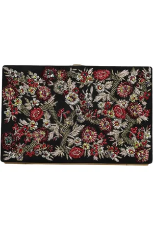 Dolce & Gabbana Torebki, Kobieta, Wielobarwność, ONE SIZE, Zamsz, Czarna Kwiatowa Kopertówka z Złotą Ramką
