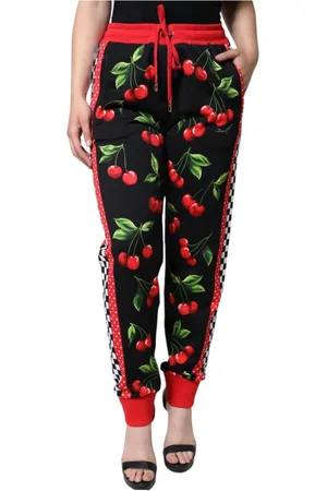 Dolce & Gabbana Spodnie, Kobieta, Wielobarwność, L, Spodnie Jogger z Nadrukiem Wiśni Czarne Czerwone