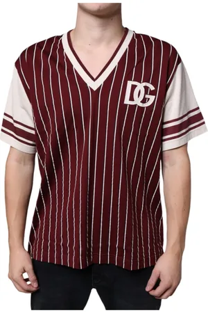 Dolce & Gabbana Koszulki, Mężczyzna, brązowy, L, Maroon Paski Bawełniany T-shirt z dekoltem w serek
