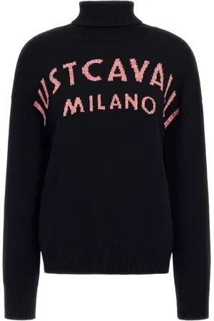 Roberto Cavalli Swetry, Kobieta, Czarny, M, Sweter z haftowanym logo w różowym