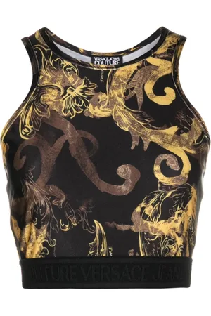 VERSACE Koszulki, Kobieta, Czarny, S, Czarny Crop Top Watercolour Couture Styl