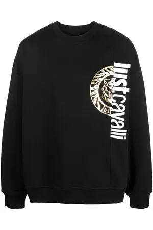 Roberto Cavalli Bluzy, Mężczyzna, Czarny, L, Czarny Okrągły Bluza z Logo Bawełniana Bluza