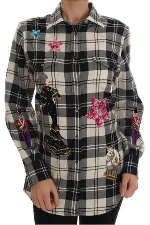 Dolce & Gabbana Bluzki, Kobieta, Czarny, S, Wełna, Zaczarowana Koszula z Cekinami i Kratką z Wełny