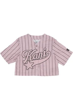 Karl Kani Koszulki, Kobieta, Różowy, L, Kurtka Baseballowa Crop Pinstripe z Logo Gwiazdy