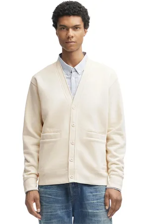 Denham Swetry, Mężczyzna, Beżowy, L, Klasyczny Sweter Cardigan z Haftem Logo