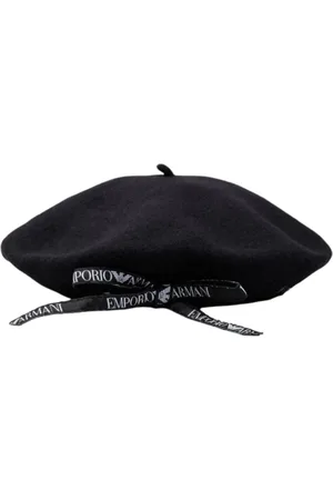 Emporio Armani Akcesoria, Kobieta, Czarny, S, Wełna, Czarna wełniana czapka z białym logo