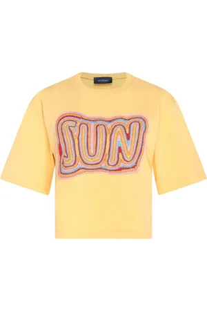 Sportmax Koszulki, Kobieta, Żółty, L, Bawełna, Żółta Koszulka z Nadrukiem
