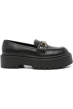 Twin-Set Buty, Kobieta, Czarny, 38 EU, Czarne płaskie buty skórzane z detalami złotego logo