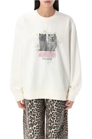 Ganni Bluzy, Kobieta, Beżowy, L/XL, Bawełniany Sweter z Kotami Dzianina