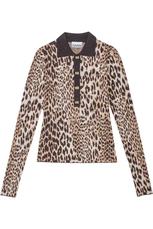 Ganni Bluzki, Kobieta, brązowy, M, Leopard Jacquard Polo Shirt
