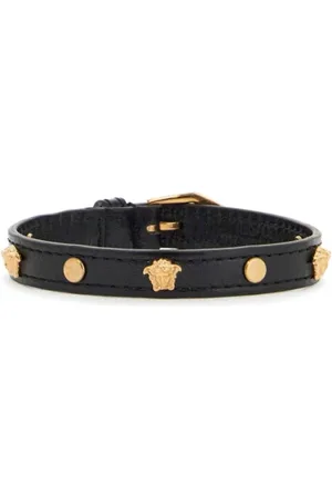 VERSACE Akcesoria, Mężczyzna, Czarny, ONE SIZE, Bransoletka Skórzana z Meduzą i Złotym Metalem