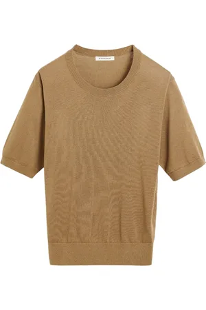 By Malene Birger Swetry, Kobieta, brązowy, M, Len, Jasnobrązowy T-shirt z detalami monogramu
