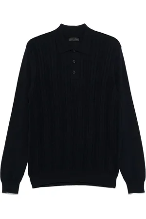 Roberto Collina Swetry, Mężczyzna, Niebieski, L, Navy Merino Wool Knit Polo Shirt