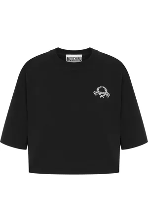 Moschino Koszulki, Kobieta, Czarny, S, Czarna koszulka z bawełny z haftem