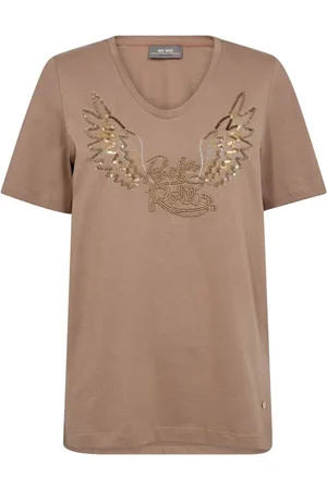 Mos Mosh Koszulki, Kobieta, Beżowy, L, Bawełna, Z Haftem T-shirt z dekoltem w serek