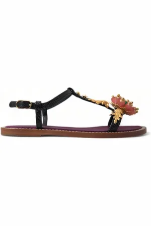 Dolce & Gabbana Buty, Kobieta, Czarny, 35 EU, Eleganckie płaskie sandały z ozdobami kryształowymi