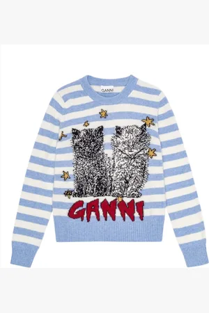 Ganni Swetry, Kobieta, Niebieski, M, Wełna, Paski Kot Graficzny Sweter z Dekoltem