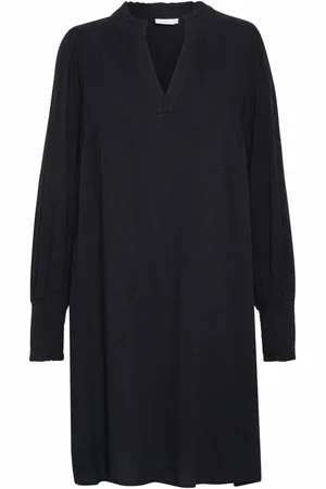 Kaffe Sukienki, Kobieta, Czarny, 2XL, Len, Czarna Głęboka Sukienka z Rękawami Smock