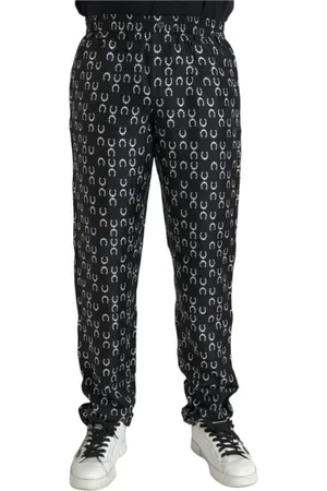 Dolce & Gabbana Spodnie, Mężczyzna, Czarny, M, Czarne Jedwabne Spodnie z Nadrukiem Podkowy