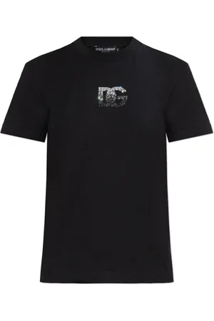 Dolce & Gabbana Koszulki, Kobieta, Czarny, XS, Bawełna, T-shirt z logo wykończonym połyskującymi kryształami