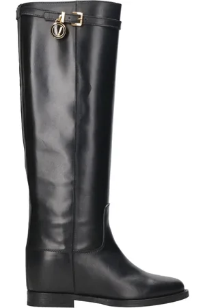 Via Roma Buty, Kobieta, Czarny, 37 1/2 EU, Czarne skórzane kozaki na koturnie