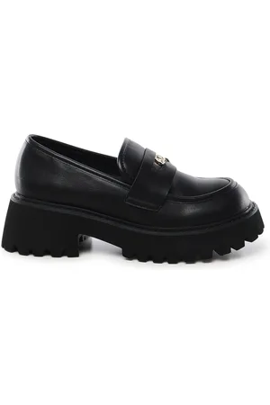 V°73 Buty, Kobieta, Czarny, 37 EU, Czarne Mokasyny z Miejską Podeszwą i Logo