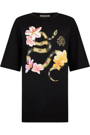 Roberto Cavalli Koszulki, Kobieta, Czarny, M, Bawełna, T-shirt z nadrukiem węża i kwiatów z okrągłym dekoltem