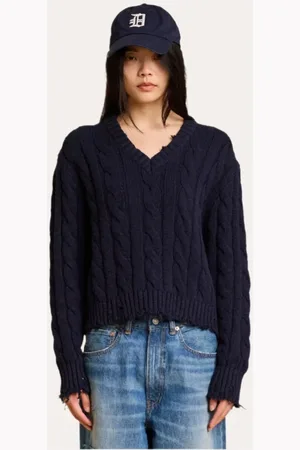 Denimist Swetry, Kobieta, Niebieski, L, Denim, Granatowy sweter z dekoltem V