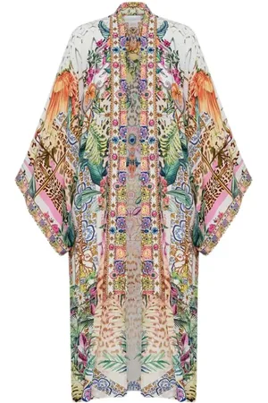 Camilla Sukienki, Kobieta, Wielobarwność, L, Len, Neptun Kwiaty Kimono Warstwa z Kołnierzem