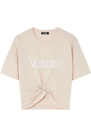 VERSACE Koszulki, Kobieta, Różowy, XS, Różowy Cropped T-shirt z nadrukiem logo