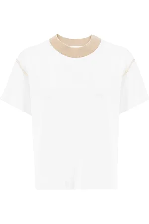 PESERICO SIGN Koszulki, Kobieta, Beżowy, M, T-shirt z Kontrastowym Obrzeżem na Szyi