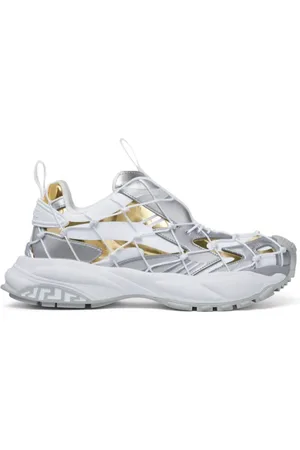 VERSACE Buty, Mężczyzna, Biały, 42 EU, Skóra, Białe Sneakersy z Metalicznym Wzorem Kolorów