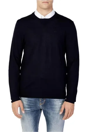 Armani Exchange Swetry, Mężczyzna, Niebieski, XL, Niebieski Wełniany T-shirt Jersey Mężczyźni