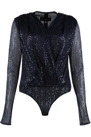TALBOT RUNHOF Koszulki, Kobieta, Niebieski, L, Błyszczący Sequin Deep V Neck Bodysuit