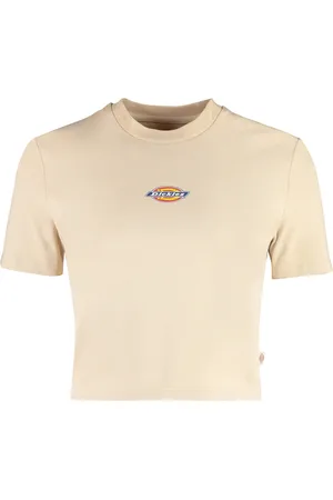Dickies Koszulki, Kobieta, Beżowy, S, T-shirt z nadrukiem logo i ściągaczem