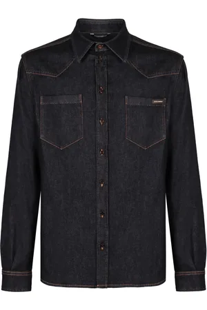 Dolce & Gabbana Koszule, Mężczyzna, Niebieski, L, Koszula jeansowa z detalami logo