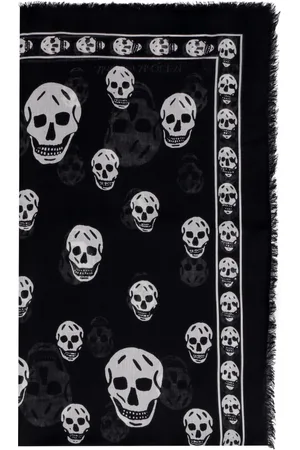 Alexander McQueen Akcesoria, Mężczyzna, Czarny, ONE SIZE, Szal z nadrukiem czaszki i frędzlami
