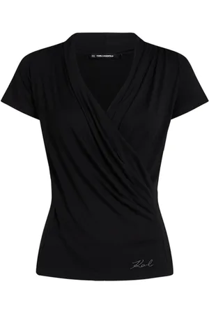 Karl Lagerfeld Koszulki, Kobieta, Czarny, L, T-shirt z dekoltem w serek