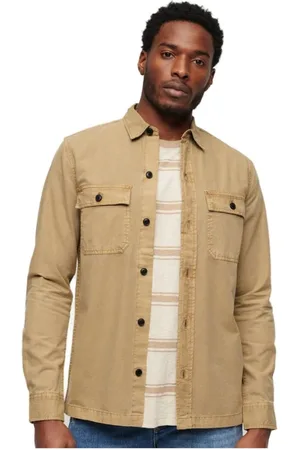 Superdry Kurtki, Mężczyzna, Beżowy, M, Bawełniana Koszula z Długim Rękawem Jesień/Zima