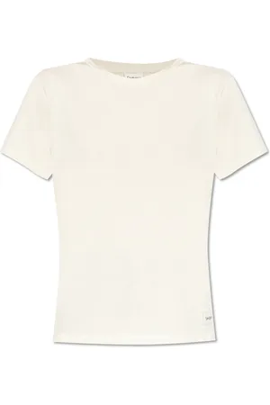 Saint Laurent Koszulki, Kobieta, Beżowy, XS, Bawełna, T-shirt z naszywką z logo