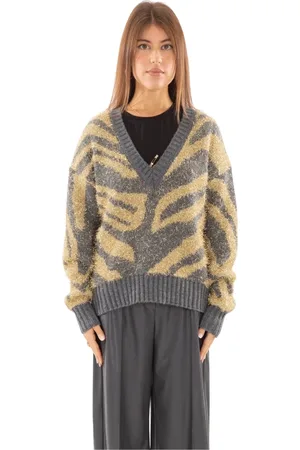 BABYLON Swetry, Kobieta, Wielobarwność, L, Animalier V-Neck Sweter w Grigio