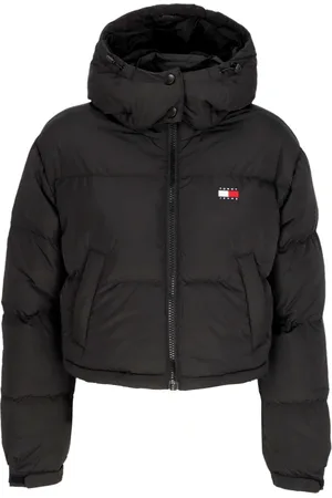 Tommy Hilfiger Kurtki, Kobieta, Czarny, M, Len, Czarna puchowa kurtka z wysokim kołnierzem
