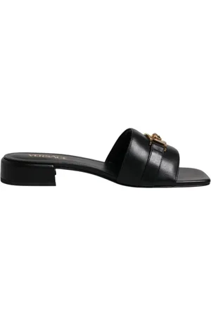 VERSACE Buty, Kobieta, Czarny, 37 EU, Czarne skórzane logo klapki