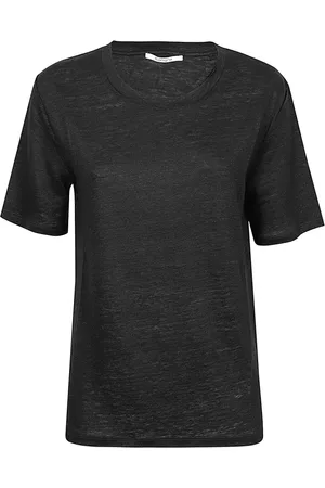 KANGRA CASHMERE Koszulki, Kobieta, Czarny, XS, Miękka Klasyczna Czarna Lniana Koszulka z Okrągłym Dekoltem