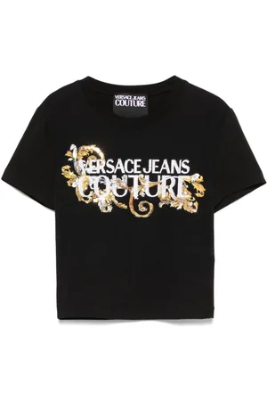 VERSACE Koszulki, Kobieta, Czarny, S, Czarna koszulka Polo z kryształowymi zdobieniami