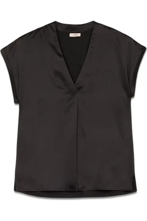Oltre Bluzki, Kobieta, Czarny, M, Bawełna, T-shirt z dwóch materiałów z dekoltem w serek