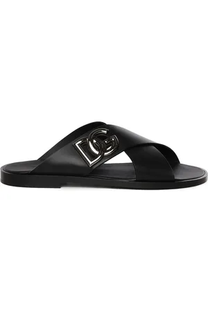 Dolce & Gabbana Buty, Mężczyzna, Czarny, 41 1/2 EU, Czarne skórzane sandały z logo DG