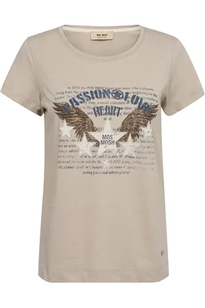 Mos Mosh Koszulki, Kobieta, Beżowy, S, Bawełna, Retro Tee z Gwiazdami i Skrzydłami